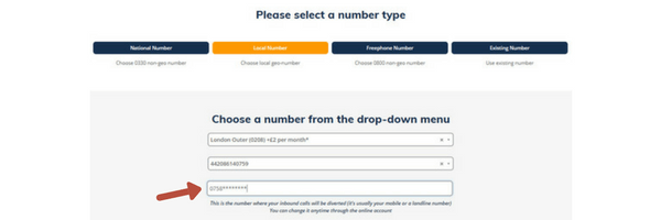 Choose Local Phone Number Step 3 adding divert number